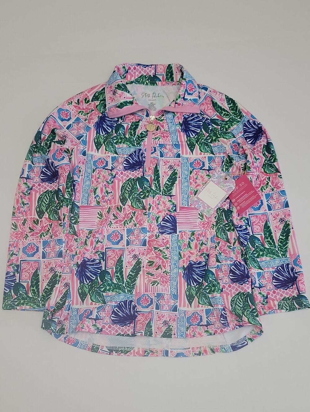 Stella Parker SPORT Pink Patchwork Tropical Golf Pullover Top XS NWT